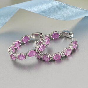 Ilakaka Hot Pink Sapphire and Zircon Hoop Earrings in Platinum Over SS
